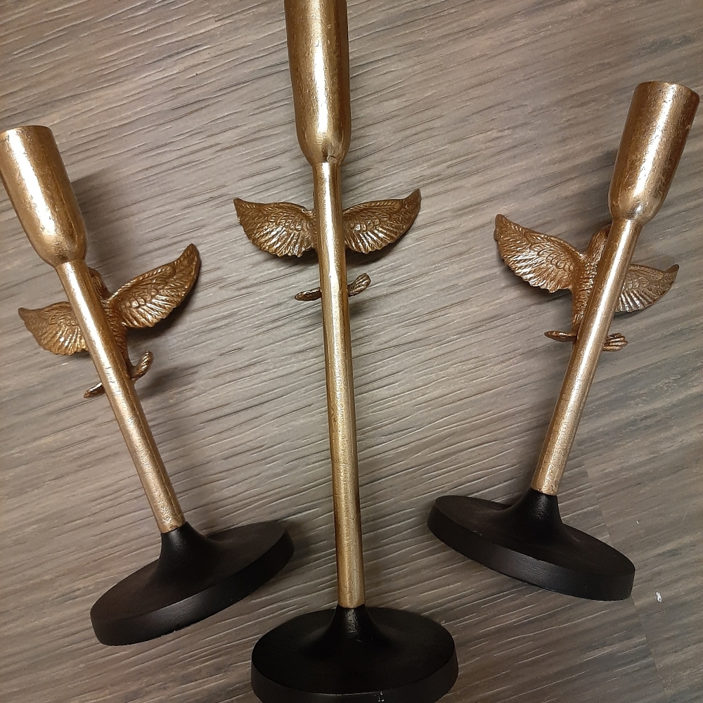 Set of 3 gold & black bird candleholders